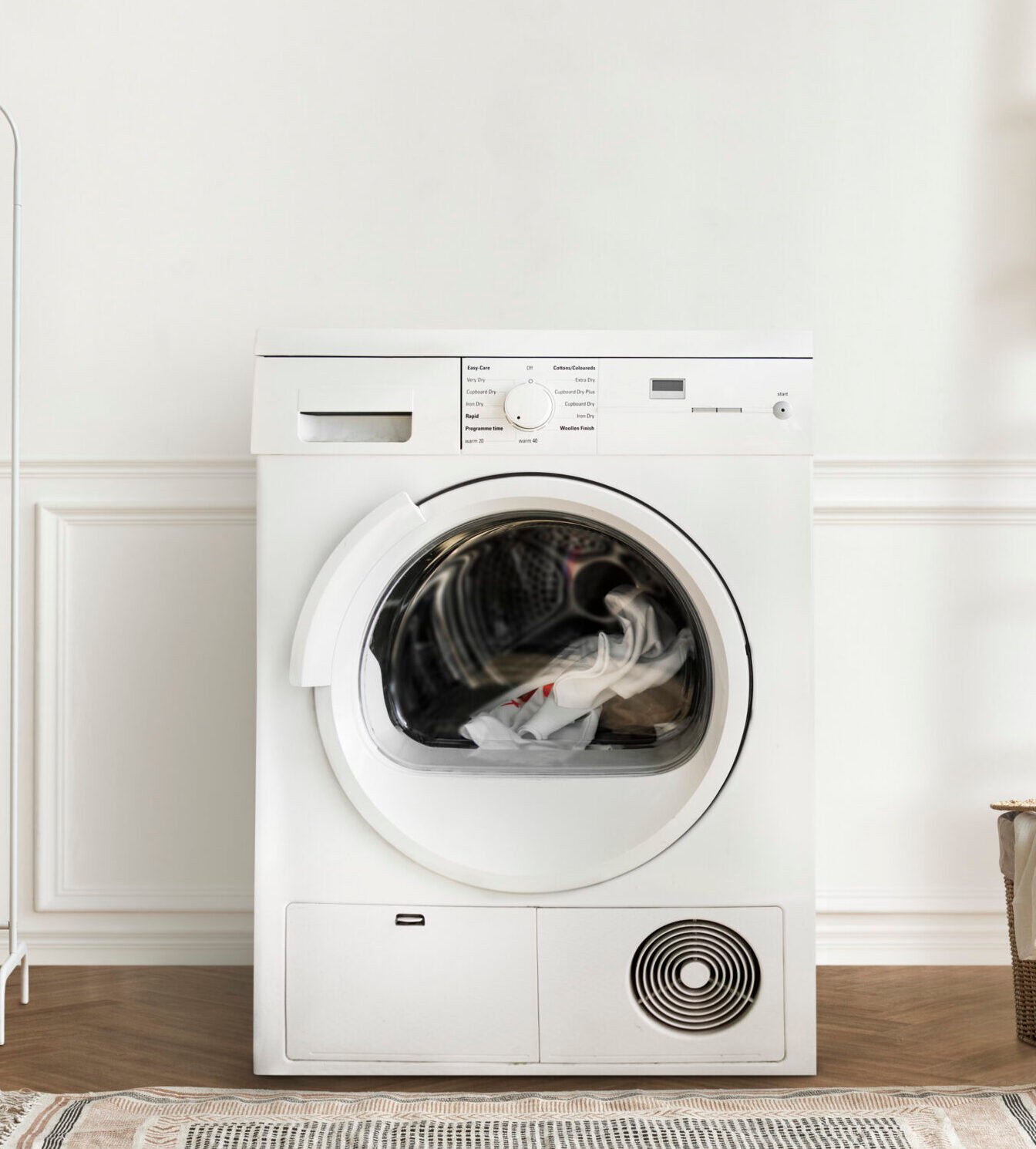 Washing machine in a minimal laundry room interior design